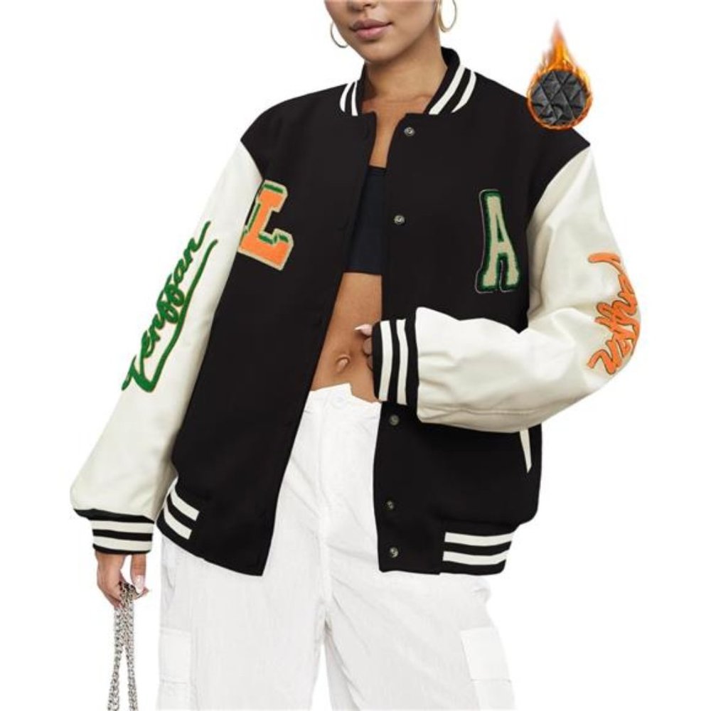 Women's Winter Quilted Varsity  Letterman Jacket, Black